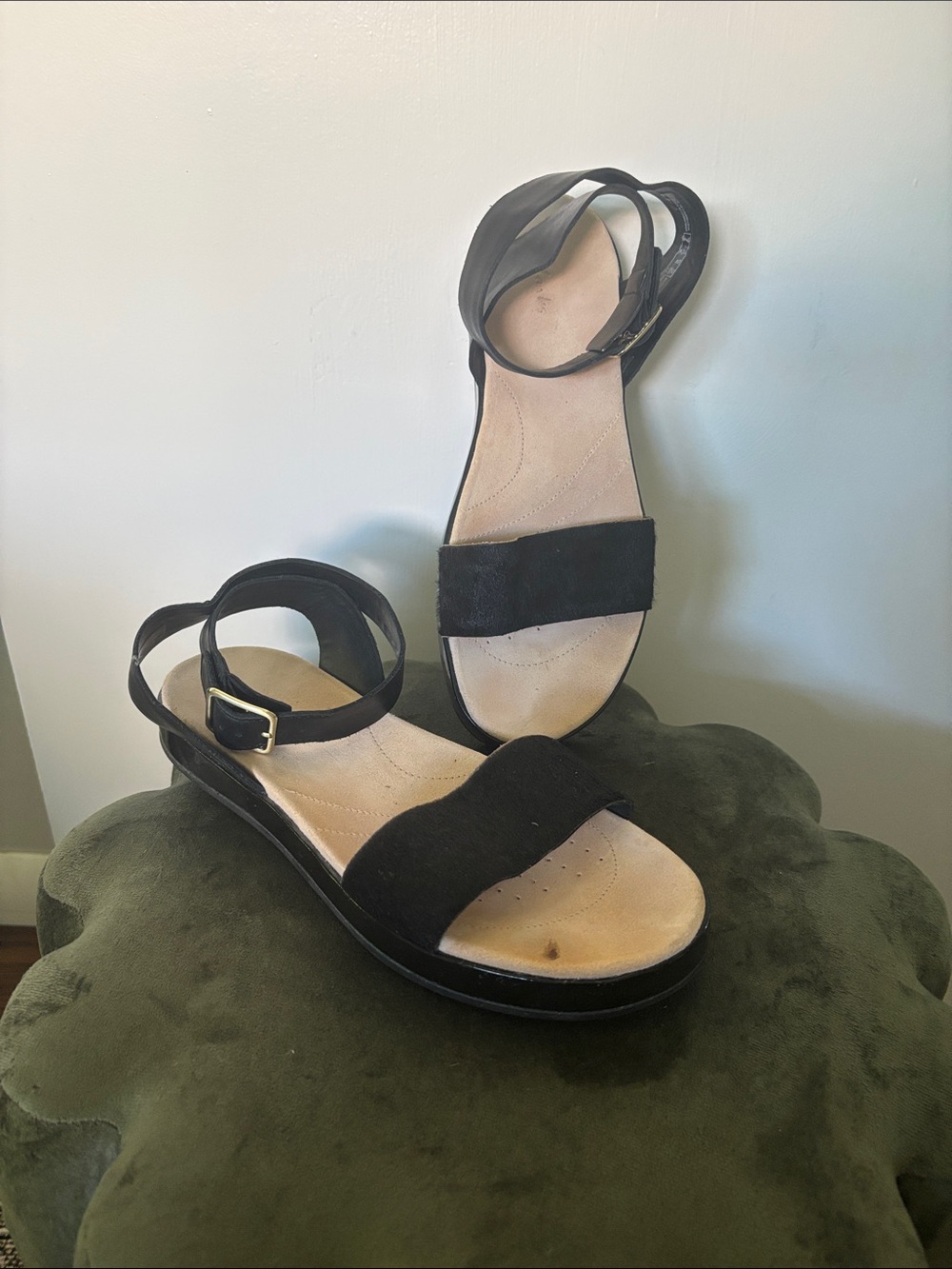 Clarks Black Leather and Mohair Ankle-Strap Sandals